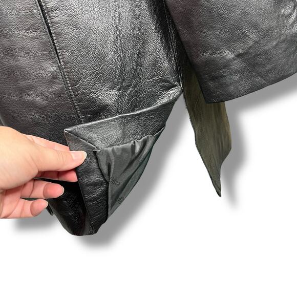 East 5th Womens Leather Jacket Long Coat Collared Button Closure Black Large - Picture 10 of 14